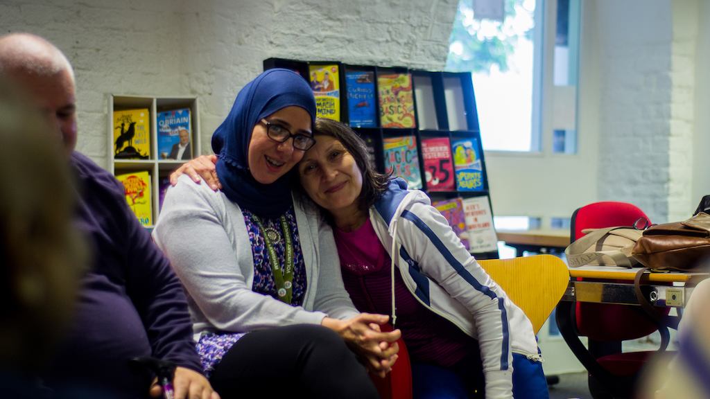 two women smiling