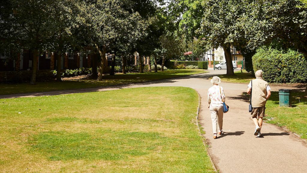 Older couple walking in a park